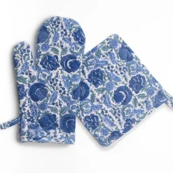 Pomegranate Inc Bohemian Floral Azure Blue & Aqua Oven Mitt Set^ Oven Mitts