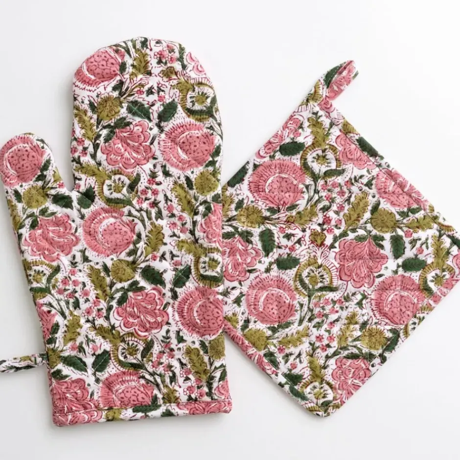 Pomegranate Inc Bohemian Floral Moss & Mauve Oven Mitt Set^ Oven Mitts