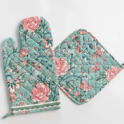 Pomegranate Inc Butterfly Garden Aqua & Rose Oven Mitt Set^ Oven Mitts