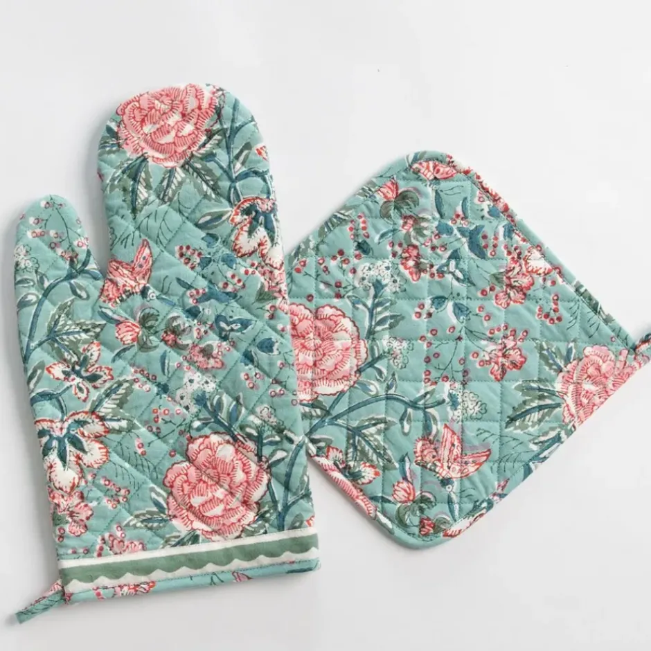 Pomegranate Inc Butterfly Garden Aqua & Rose Oven Mitt Set^ Oven Mitts