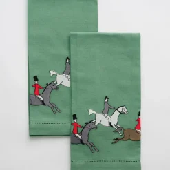 Pomegranate Inc Embroidered Hunt Scene Green Tea Towels^ Tea Towels