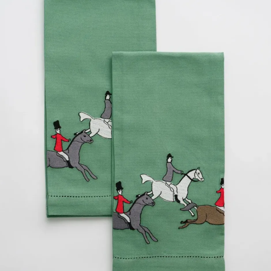 Pomegranate Inc Embroidered Hunt Scene Green Tea Towels^ Tea Towels