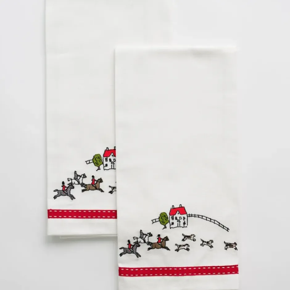 Pomegranate Inc Embroidered Hunt Scene Red Ribbon Tea Towels^ Tea Towels