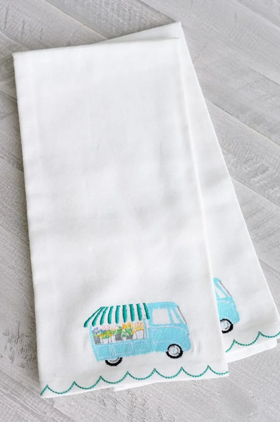 Pomegranate Inc Embroidered tea towels cute flower cart | Set 2^ Tea Towels