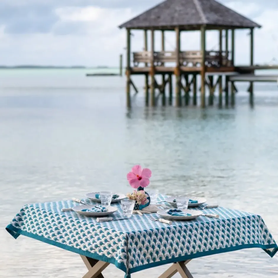 Pomegranate Inc Geo Feather Teal Tablecloth^ Tablecloths