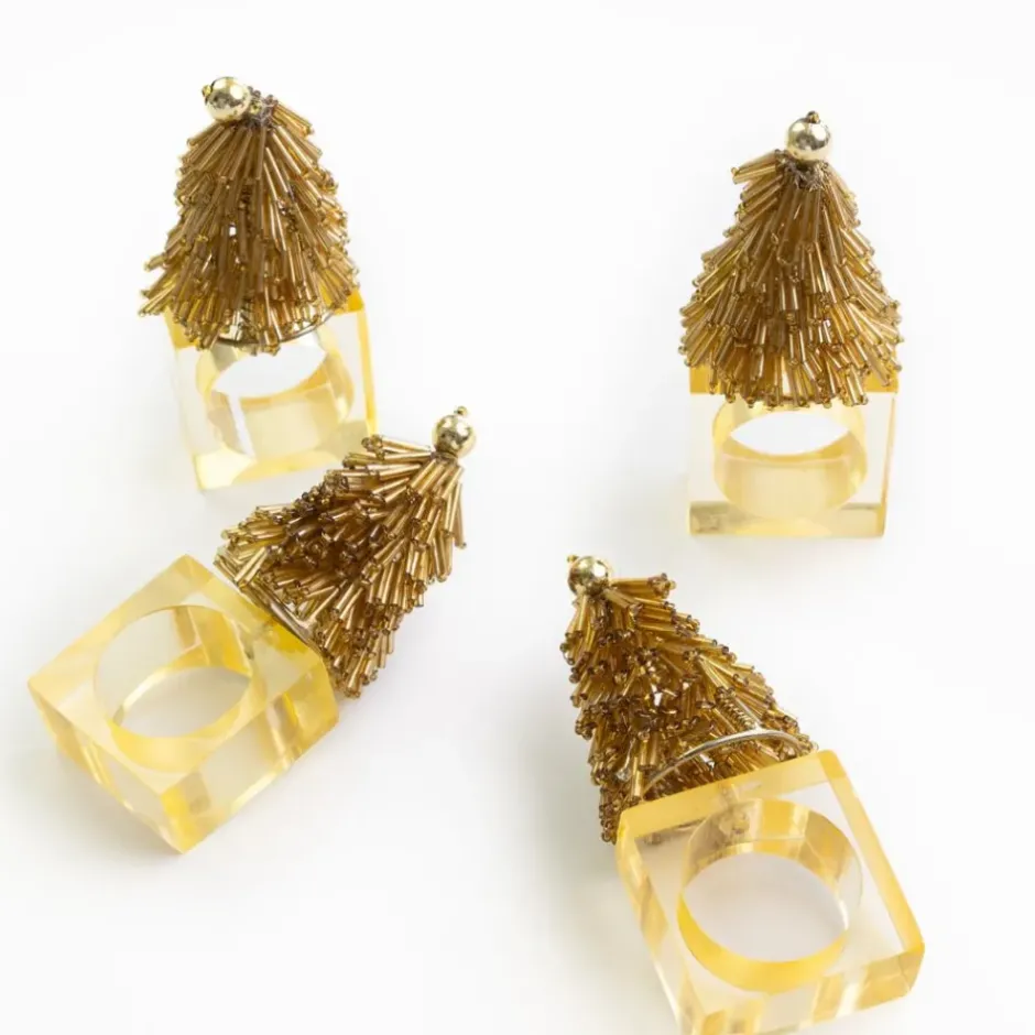 Pomegranate Inc Gold Christmas Tree Beaded Napkin Ring | Set of 4^ Napkin Rings