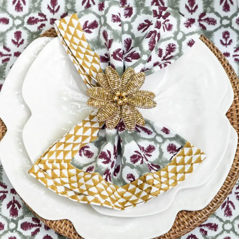 Pomegranate Inc Gold Flower Beaded Napkin Ring | Set of 4^ Napkin Rings