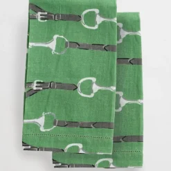 Pomegranate Inc Green Linen Snaffle & Buckle Fingertip Towels | Set of 2^ Tea Towels
