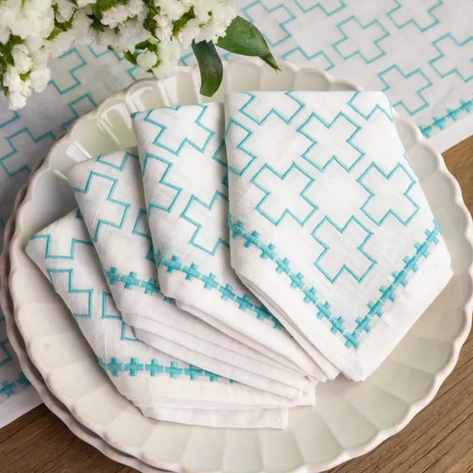 Pomegranate Inc India Hicks Home Embroidered Grand Cross Palladian Blue Napkin | Set o^ Napkins