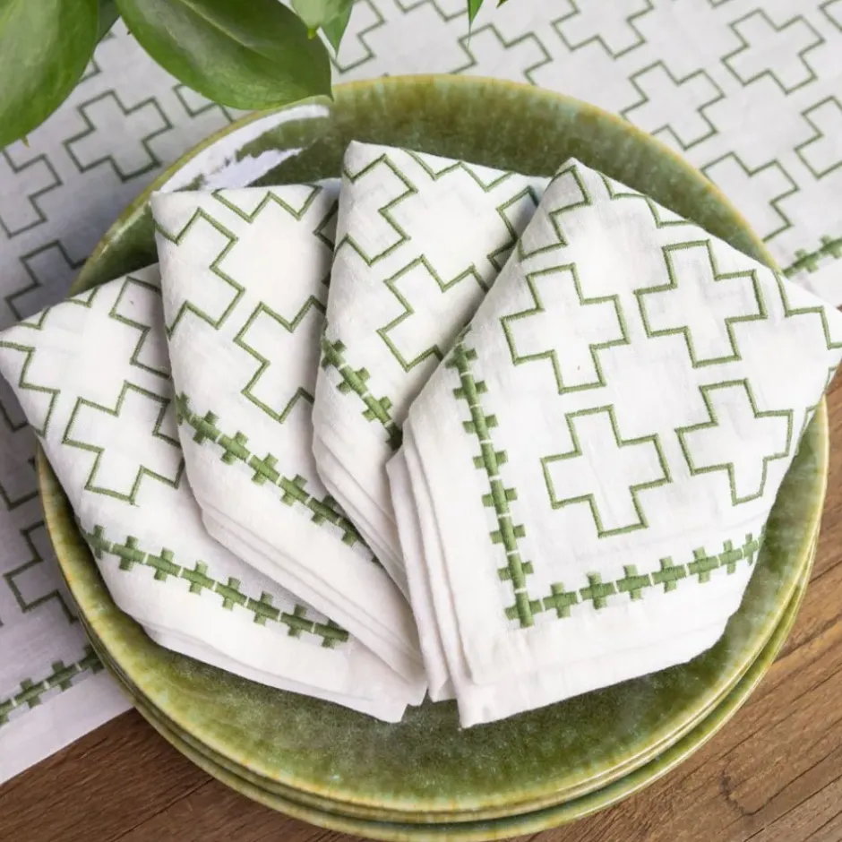 Pomegranate Inc India Hicks Home Embroidered Grand Cross Soft Sage Napkin | Set of 4^ Napkins