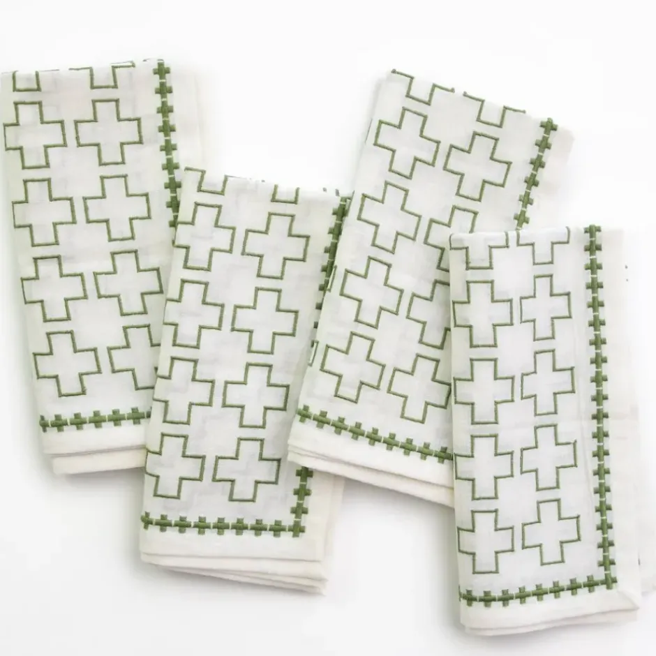 Pomegranate Inc India Hicks Home Embroidered Grand Cross Soft Sage Napkin | Set of 4^ Napkins