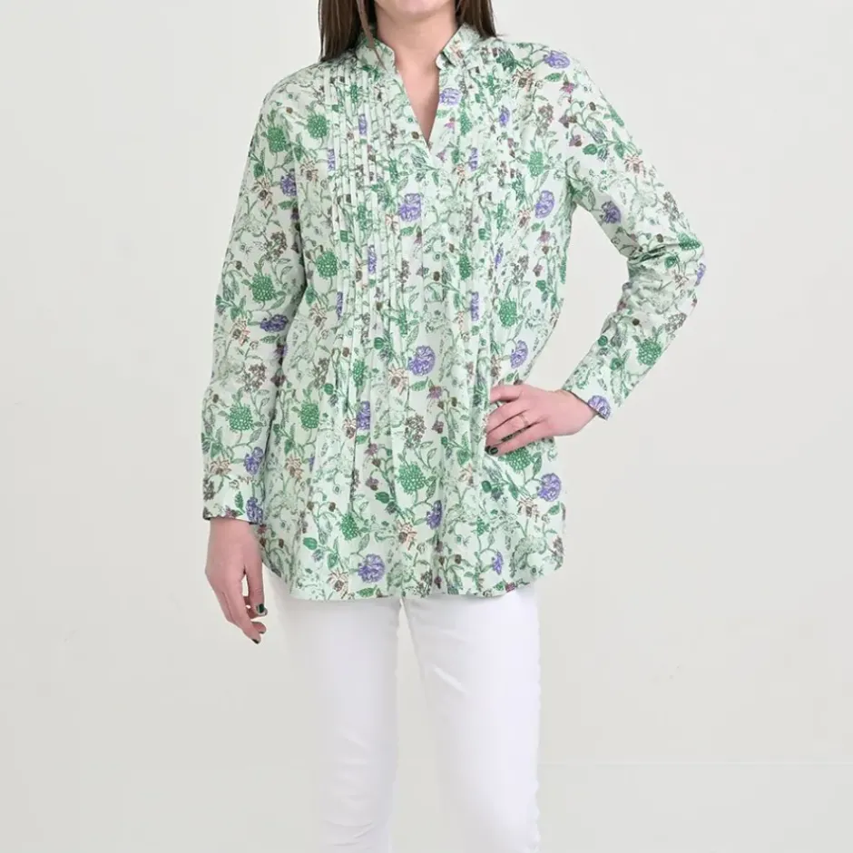 Pomegranate Inc Mila Floral Emerald Pintuck Collared Tunic^ Tops & Tunics