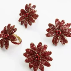 Pomegranate Inc Red Flower Beaded Napkin Ring | Set of 4^ Napkin Rings
