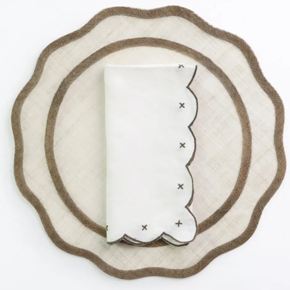 Pomegranate Inc Scalloped Knot Brown Embroidered Linen Napkin | Set of 4^ Napkins