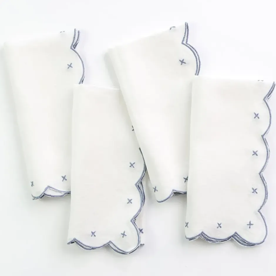 Pomegranate Inc Scalloped Knot Light Blue Embroidered Linen Napkin | Set of 4^ Napkins
