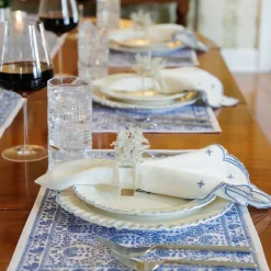 Pomegranate Inc Scalloped Knot Light Blue Embroidered Linen Napkin | Set of 4^ Napkins