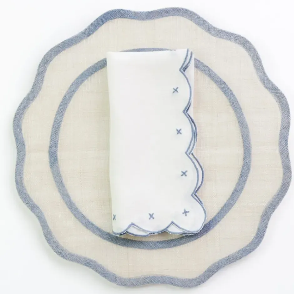 Pomegranate Inc Scalloped Knot Light Blue Embroidered Linen Napkin | Set of 4^ Napkins