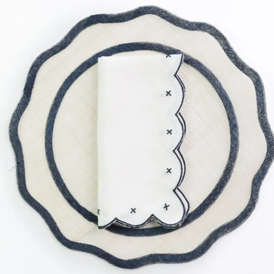 Pomegranate Inc Scalloped Knot Navy Embroidered Linen Napkin | Set of 4^ Napkins