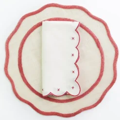 Pomegranate Inc Scalloped Knot Red Embroidered Linen Napkin | Set of 4^ Napkins