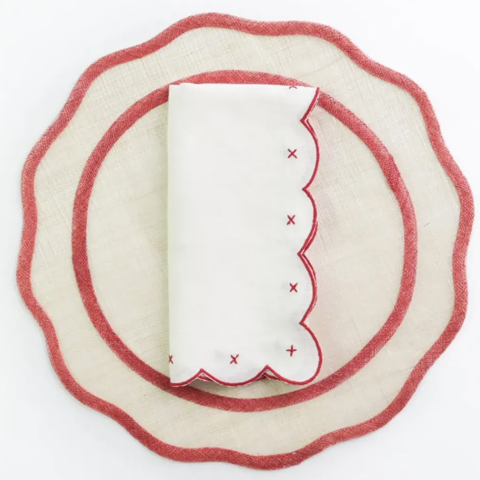 Pomegranate Inc Scalloped Knot Red Embroidered Linen Napkin | Set of 4^ Napkins