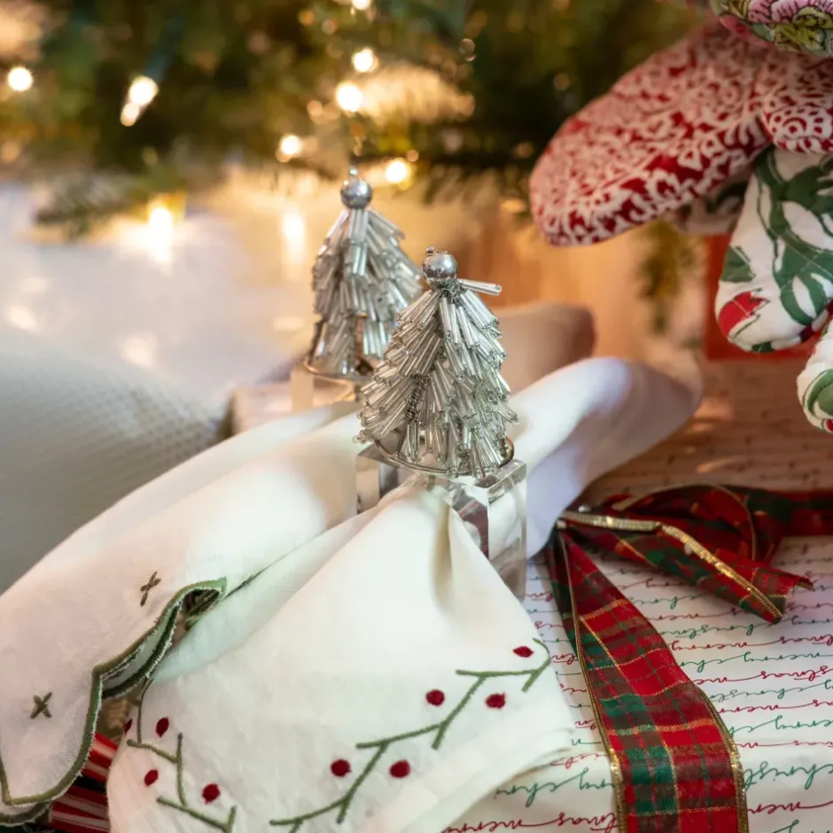 Pomegranate Inc Silver Christmas Tree Beaded Napkin Ring | Set of 4^ Napkin Rings