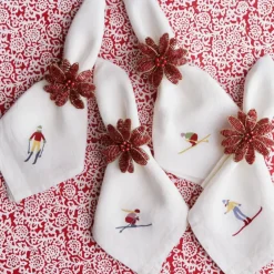 Pomegranate Inc Skiers Embroidered Linen Napkin | Set of 4^ Napkins