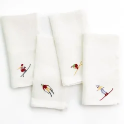 Pomegranate Inc Skiers Embroidered Linen Napkin | Set of 4^ Napkins