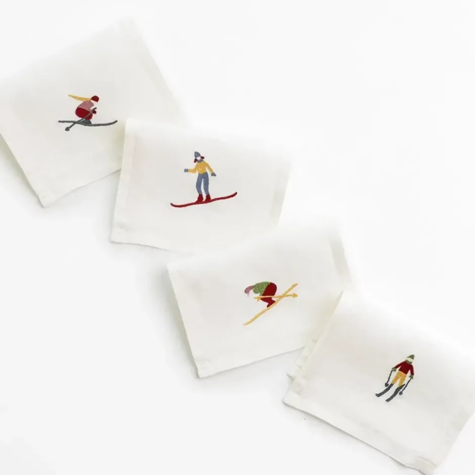 Pomegranate Inc Skiers Embroidered Linen Cocktail Napkin | Set of 4^ Cocktail Napkins