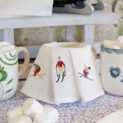Pomegranate Inc Skiers Embroidered Linen Cocktail Napkin | Set of 4^ Cocktail Napkins