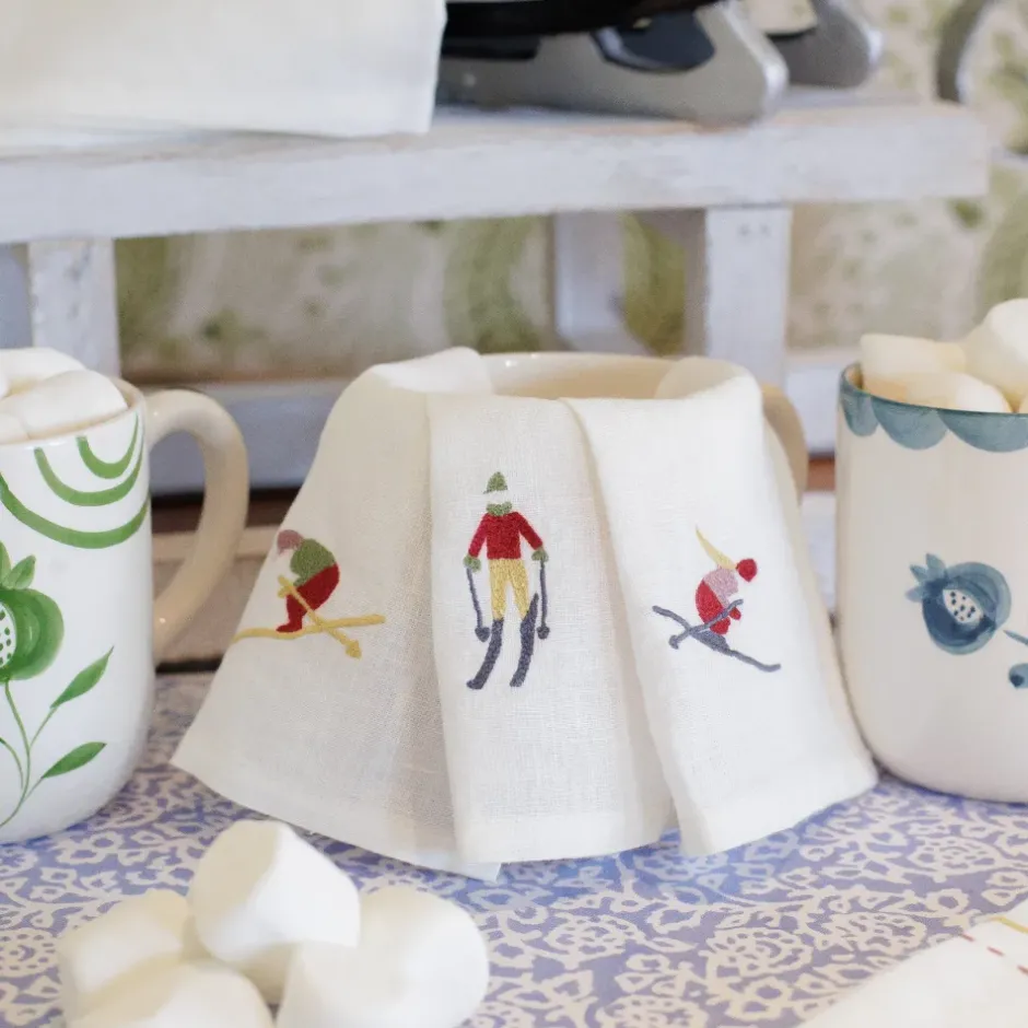 Pomegranate Inc Skiers Embroidered Linen Cocktail Napkin | Set of 4^ Cocktail Napkins