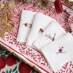 Pomegranate Inc Skiers Embroidered Linen Cocktail Napkin | Set of 4^ Cocktail Napkins