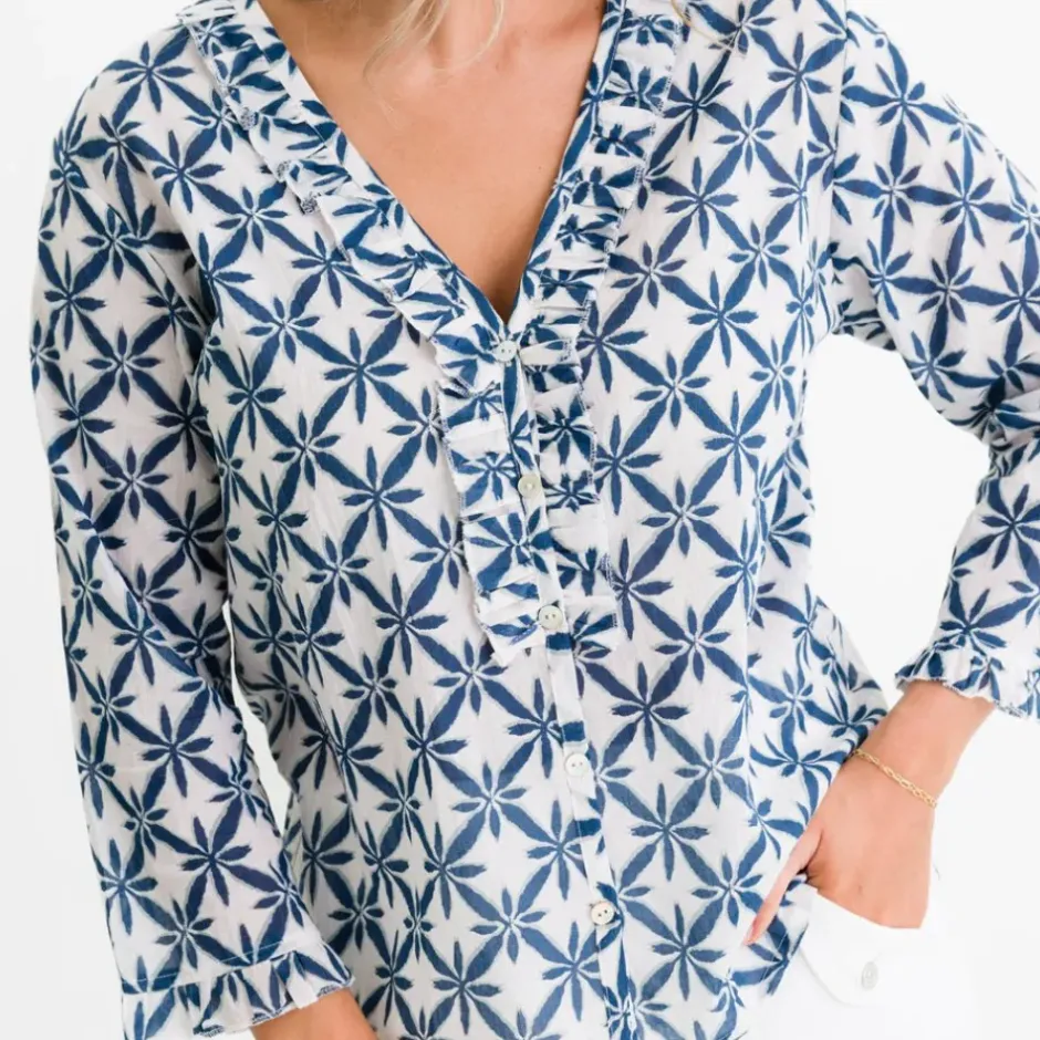 Pomegranate Inc Starburst Flower Navy Flange Button Blouse^ Tops & Tunics