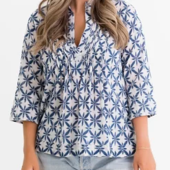 Pomegranate Inc Starburst Flower Navy Pintuck Blouse^ Tops & Tunics