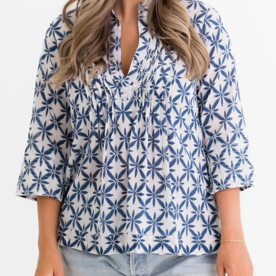 Pomegranate Inc Starburst Flower Navy Pintuck Blouse^ Tops & Tunics