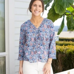 Pomegranate Inc Taj Floral Blue Flange Button Blouse^ Tops & Tunics
