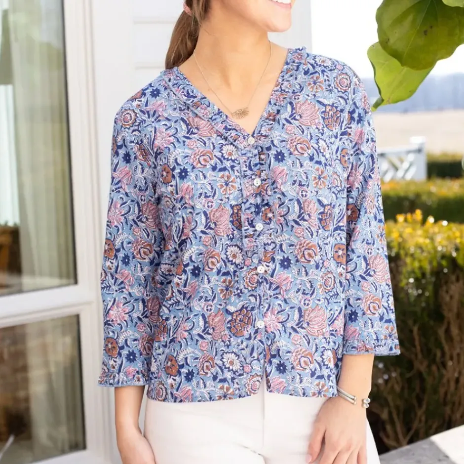 Pomegranate Inc Taj Floral Blue Flange Button Blouse^ Tops & Tunics