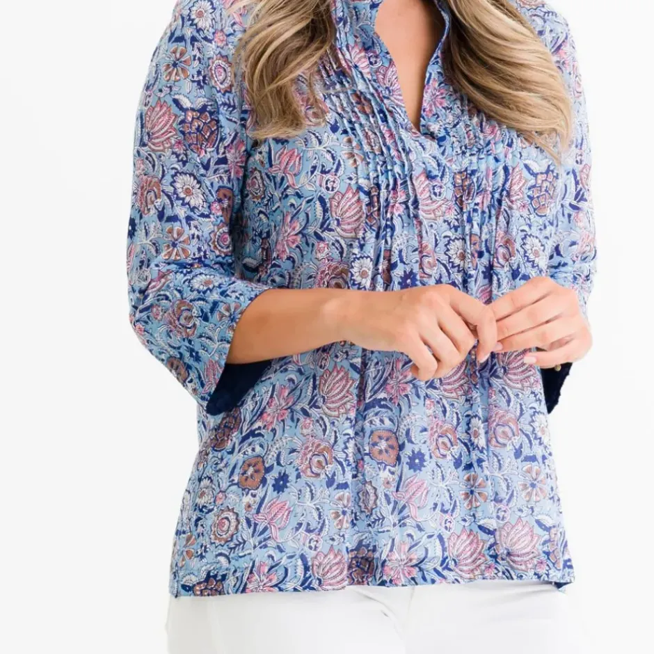 Pomegranate Inc Taj Floral Blue Pintuck Blouse^ Tops & Tunics
