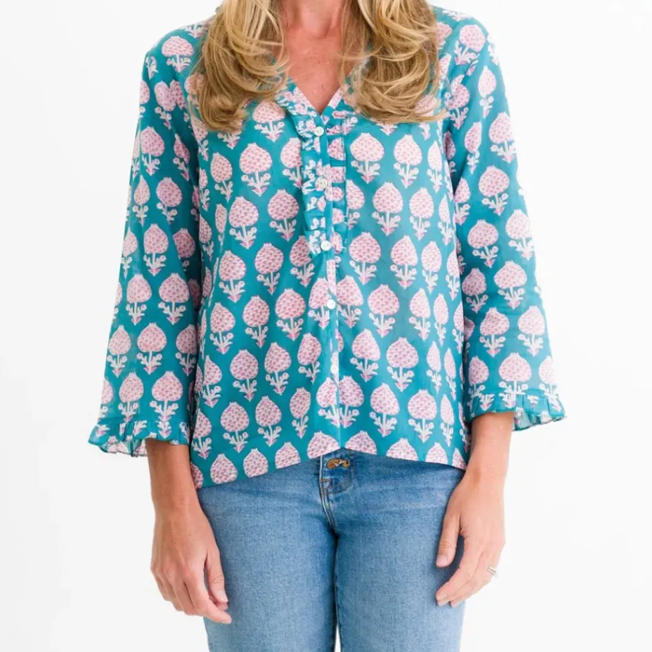 Pomegranate Inc Teal Pom Flower Flange Button Blouse^ Tops & Tunics