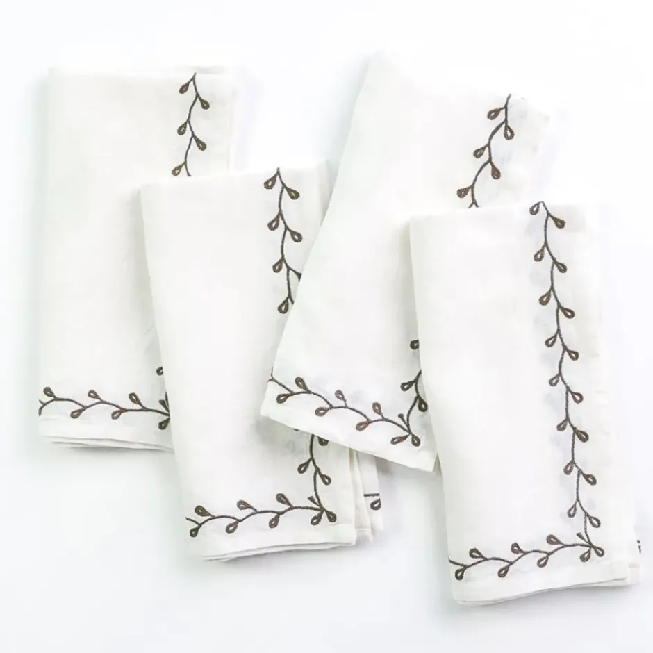 Pomegranate Inc Twig & Bud Brown Embroidered Linen Napkin | Set of 4^ Napkins