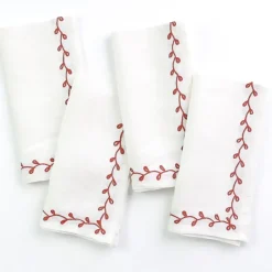 Pomegranate Inc Twig & Bud Coral Embroidered Linen Napkin | Set of 4^ Napkins