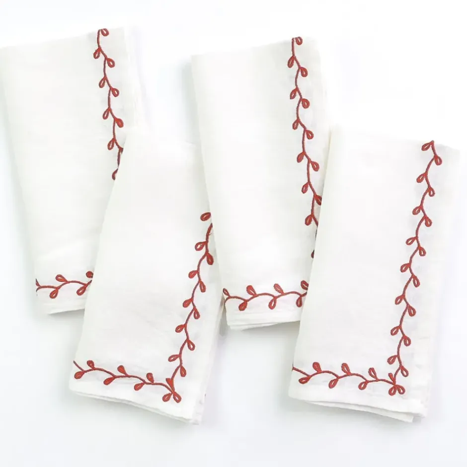 Pomegranate Inc Twig & Bud Coral Embroidered Linen Napkin | Set of 4^ Napkins
