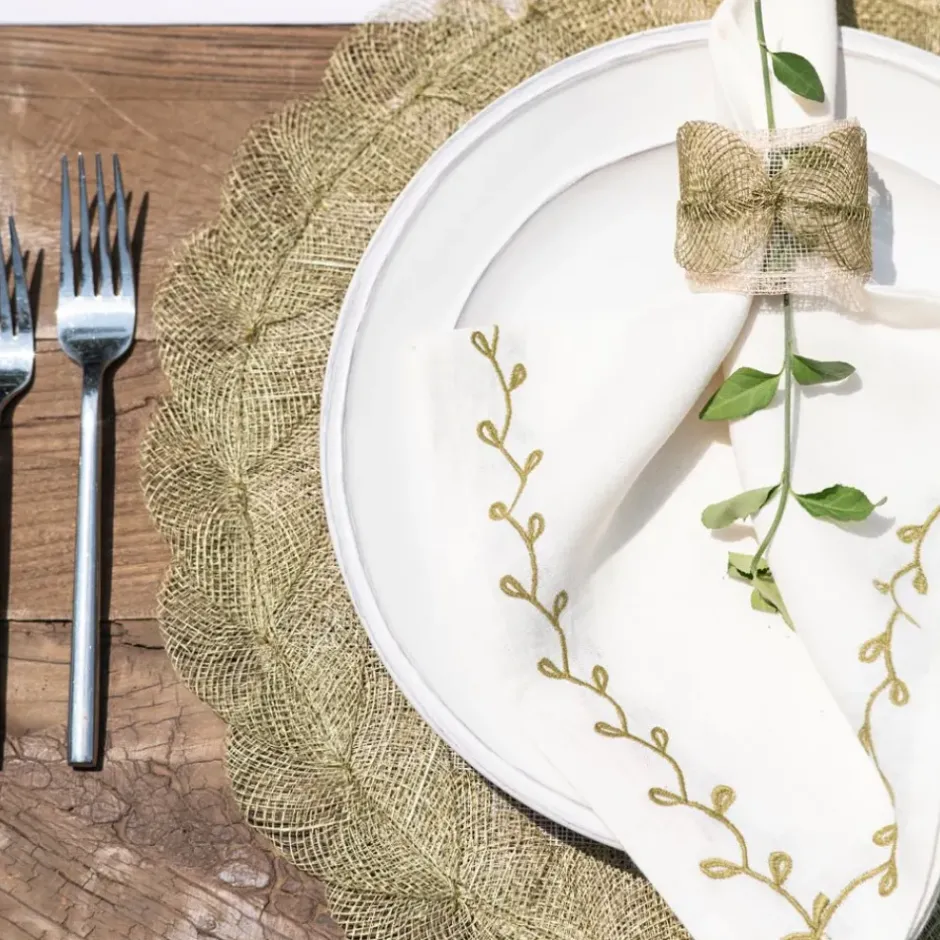Pomegranate Inc Twig & Bud Moss Embroidered Linen Napkin | Set of 4^ Napkins