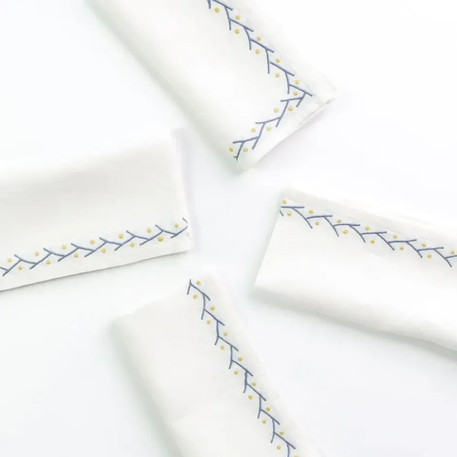 Pomegranate Inc Twig & Dot Navy & Yellow Embroidered Linen Napkin | Set of 4^ Napkins