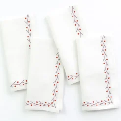 Pomegranate Inc Twig & Dot Terracotta & Mauve Embroidered Linen Napkin | Set of 4^ Napkins