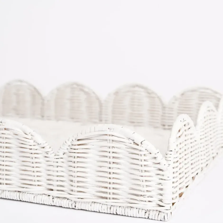 Pomegranate Inc White Wicker Scalloped Rectangle Tray^ Serveware|Rattan, Wicker & Bamboo